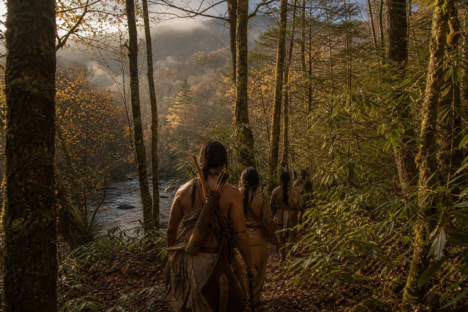 Cherokee hunters along the Davidson River in the ancient Appalachian forest — the land that would become the Ecusta site
