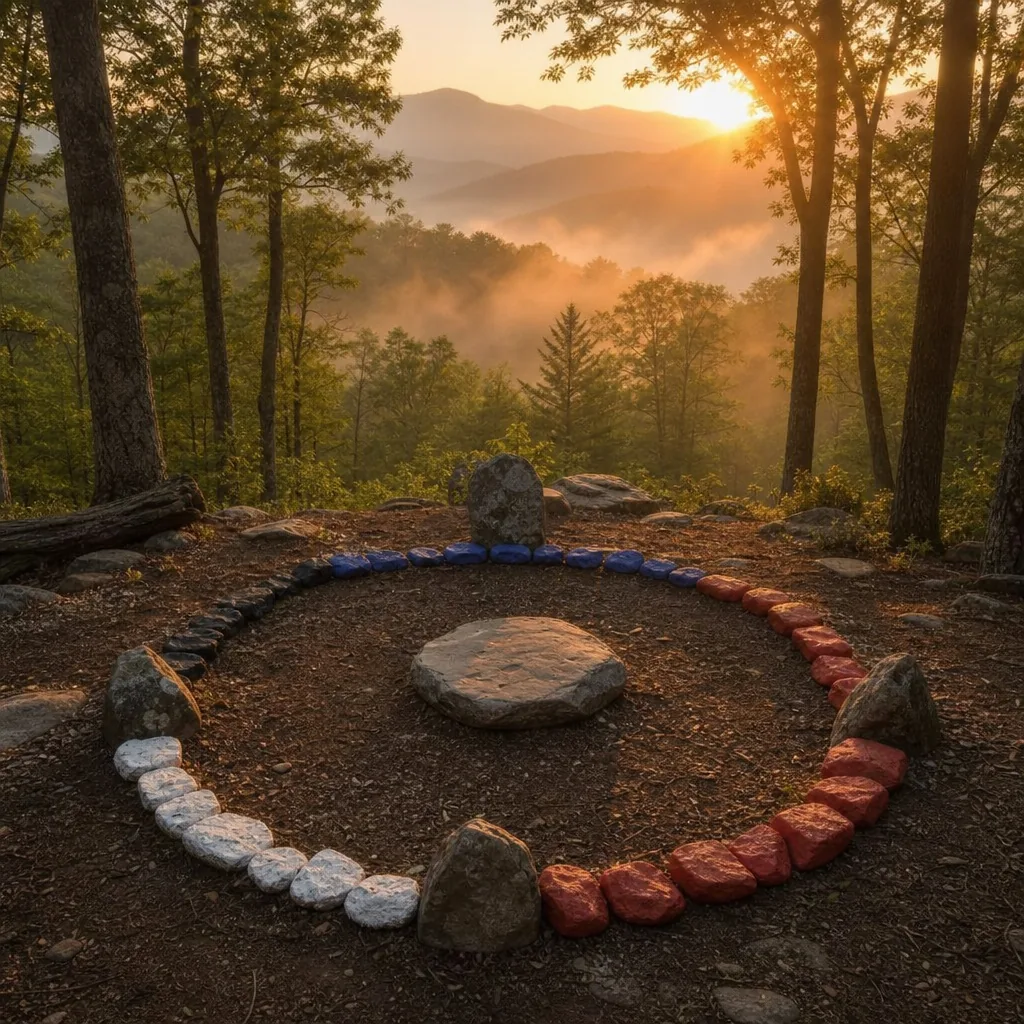 Cherokee Medicine Wheel with four sacred colors — Red (East), Blue (North), Black (West), White (South) — in the Blue Ridge Mountains