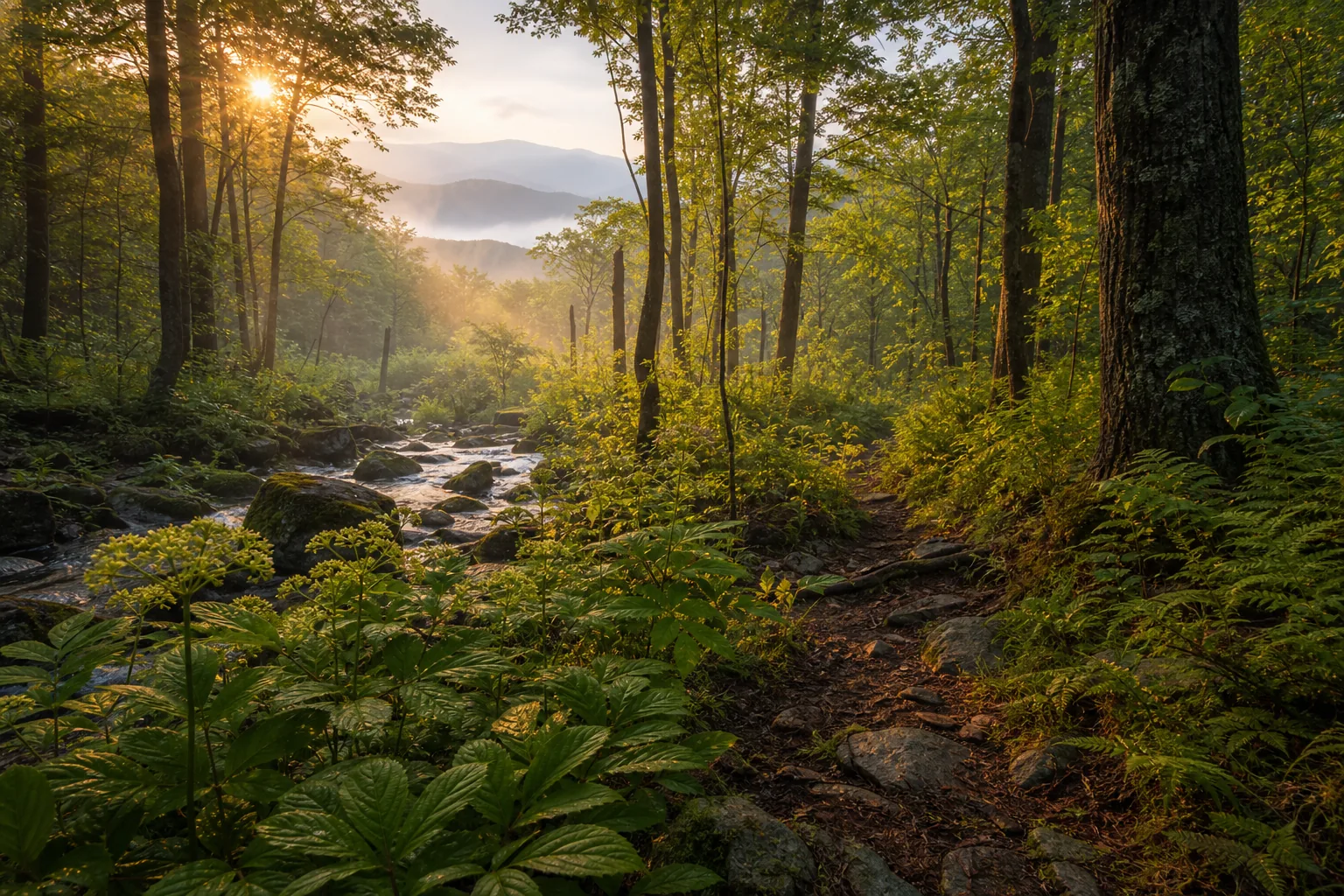 Misty Appalachian forest trail at dawn — wild ginseng and ferns along a mountain creek, Blue Ridge Mountains in the distance