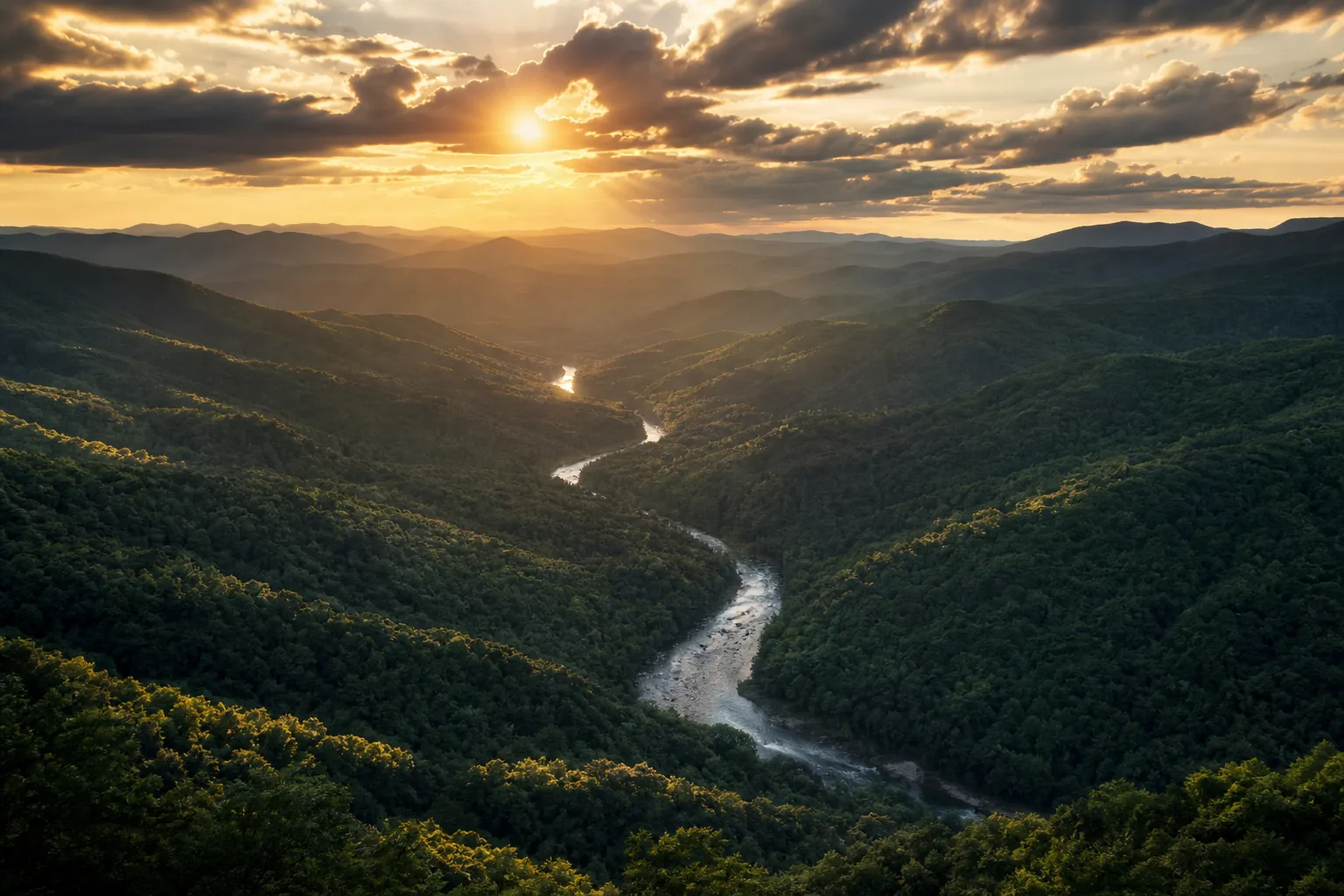 Aerial view of Blue Ridge Mountains at golden hour — lush green forest, winding silver river, dramatic clouds