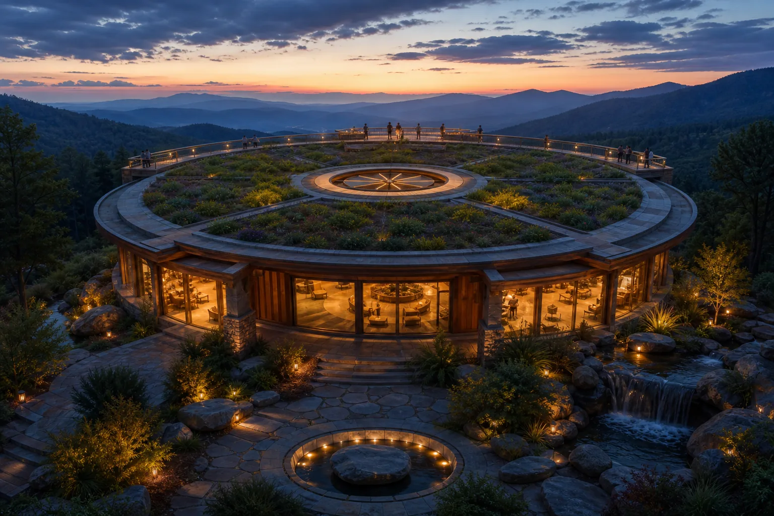 Sacred geometry wellness center concept — circular architecture inspired by the Cherokee medicine wheel, rooftop observation deck, Blue Ridge Mountain views