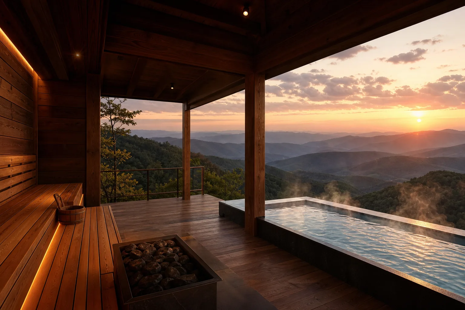 Open-air wooden sauna pavilion overlooking Blue Ridge mountain ridges at sunset — infinity cold plunge pool, steam rising, luxury wellness retreat