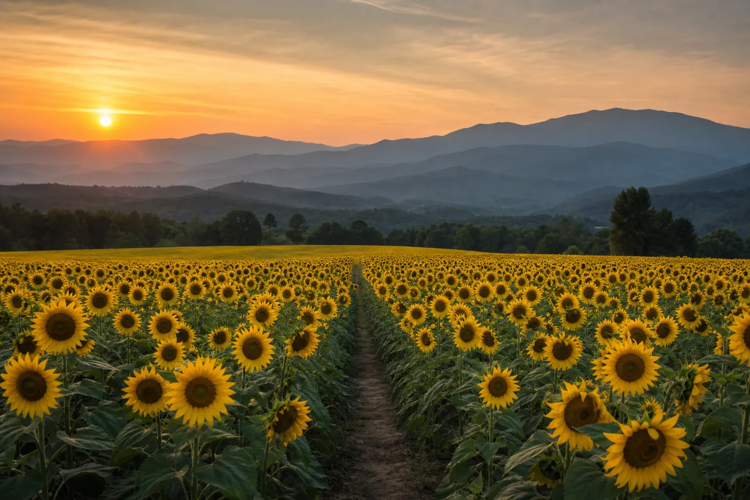 Sunflower fields stretching toward the Blue Ridge Mountains — sunflowers make people happy, good medicine